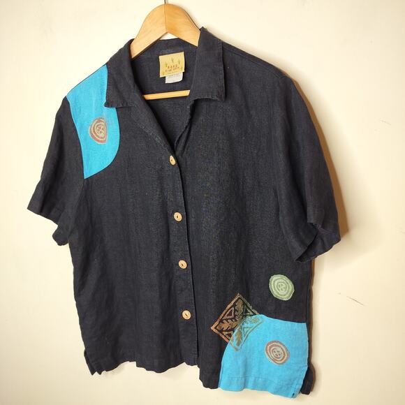 Blue Cactus Linen Button Up Shirt Hand-Painted Funky Art to Wear - Picture 4 of 12